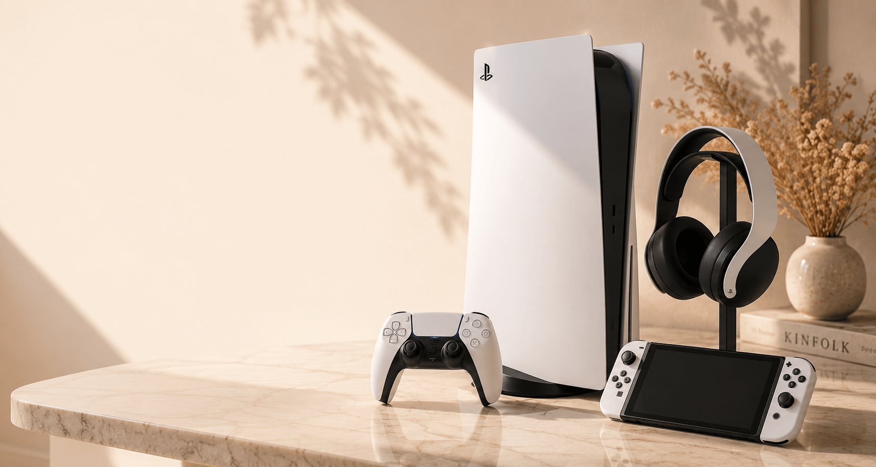 Productos gaming y consola en una composicion premium.