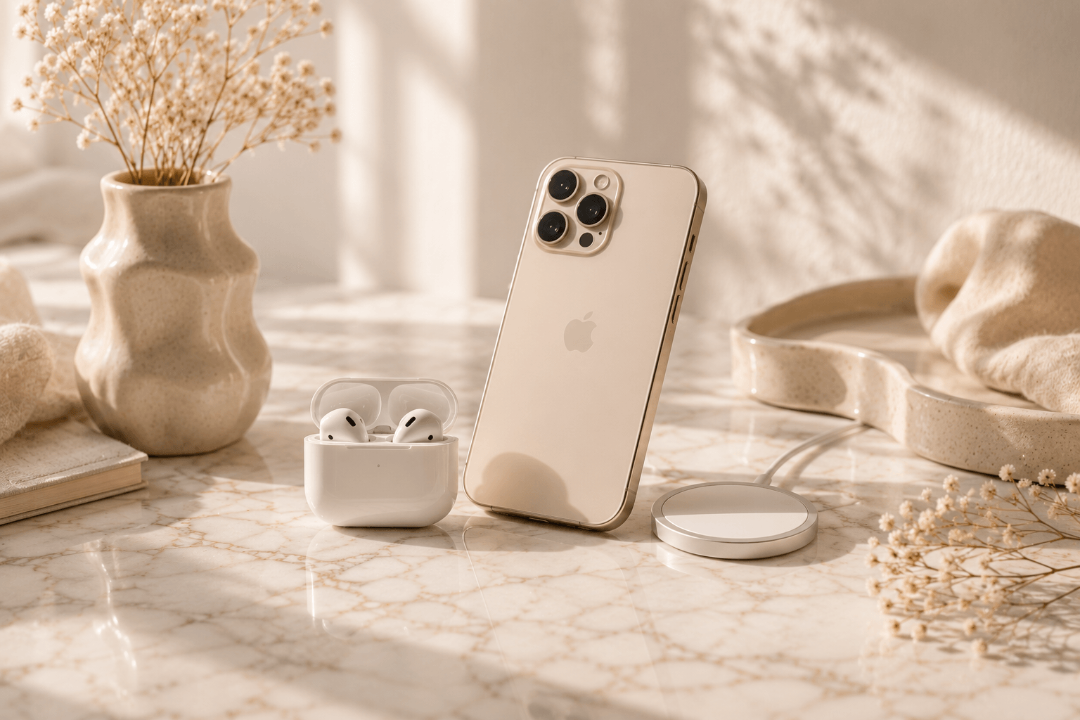 Celulares y tecnologia premium en una escena champagne.