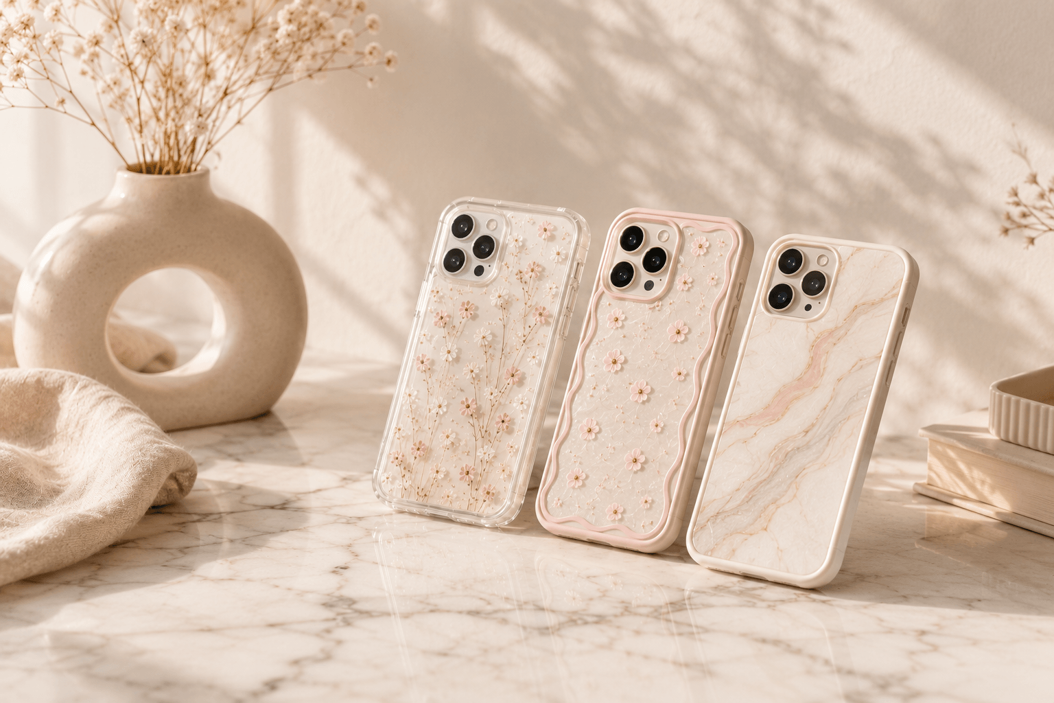 Fundas y accesorios en una escena rosa pastel.